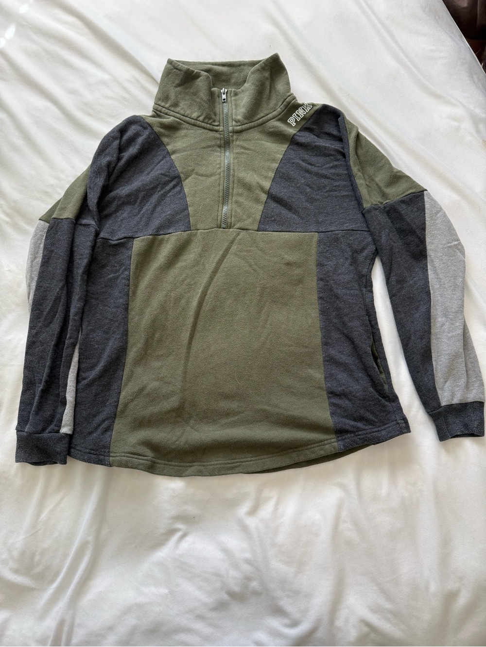 Victoria's Secret Olive and Dark Gray Colorblock Quarter-Zip Pullover